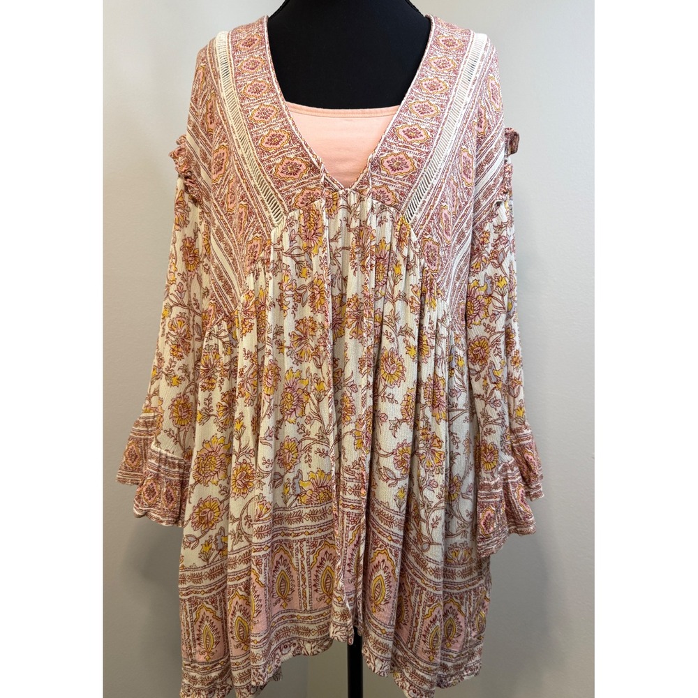 Free People Sunset Dreams Floral Ruffle Bell Sleeve Boho Tunic Top Pink Medium